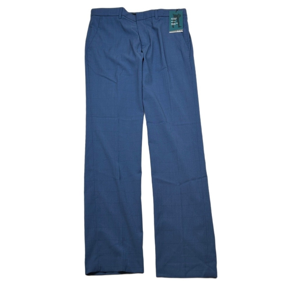 Perry‎ Ellis Slim Fit Dress Pants Mens 29x30 Blue Plaid Flex Stretch NEW